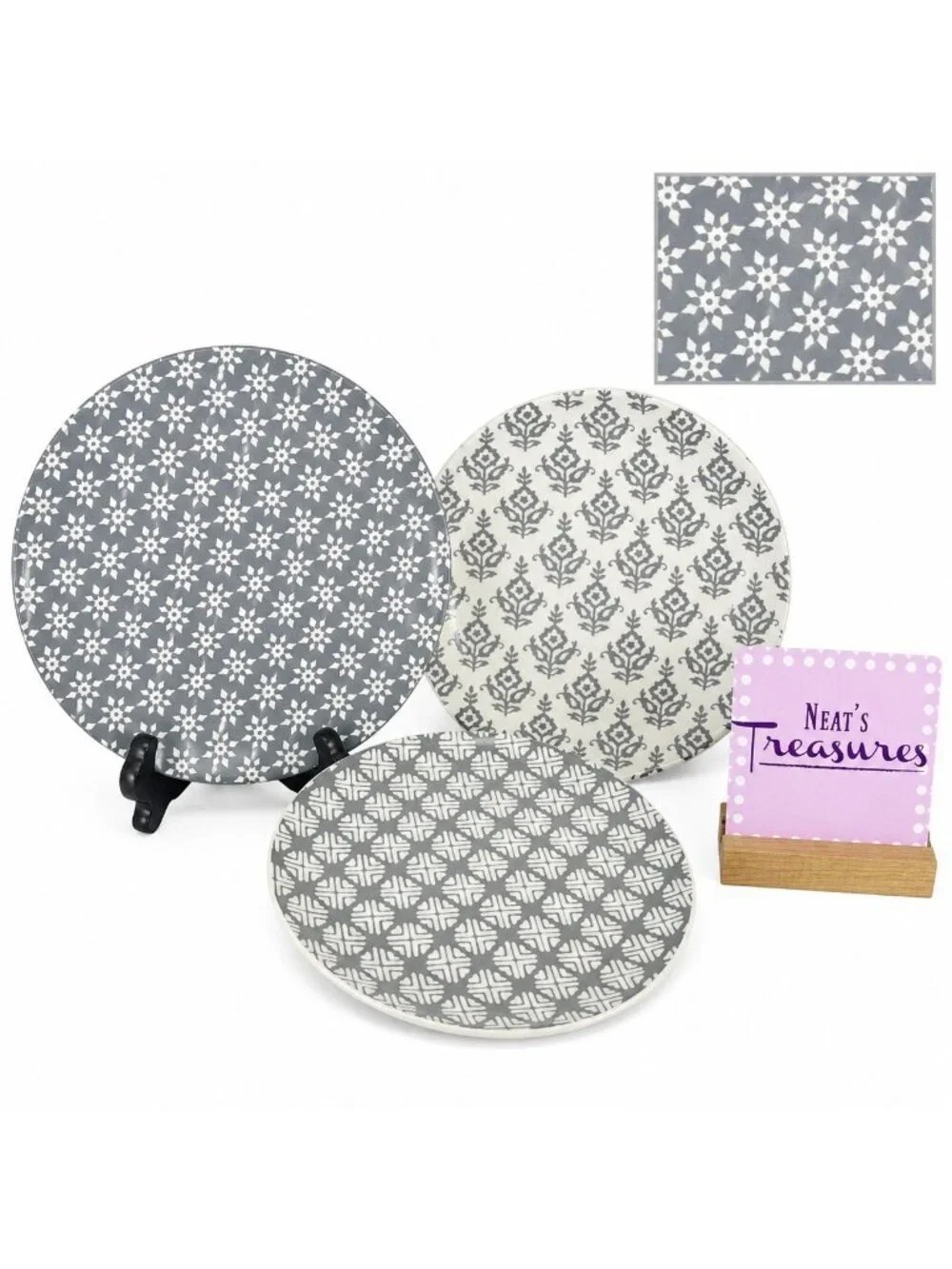 Mainstays Gray & White ABSTRACT FLORAL MIX MATCH Ceramic Lunch Salad Plate Set 3